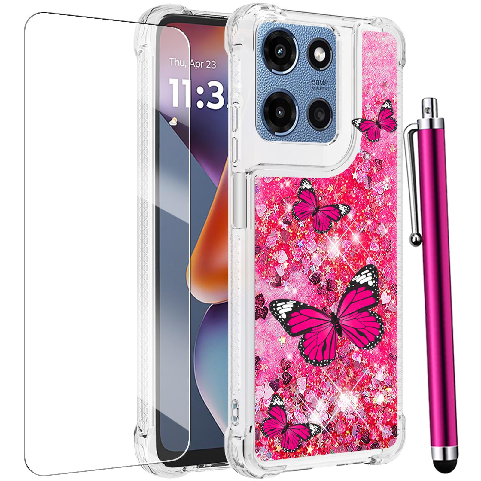 CAIYUNL for Moto G 5G 2025 Case with Screen Protector, Women Girls Glitter Bling Liquid Floating Cute Phone Case Slim TPU Soft Shockproof Protective Cover for Motorola G 5G 2025 -Pink Butterfly