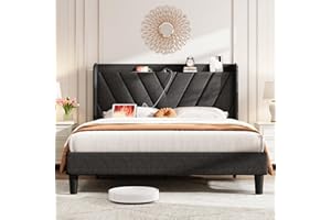 koorlian Queen Bed Frame with Headboard, Adjustable Upholstered Platform Bed Frame with Type-C&USB Ports, Wingback Storage Headboard, Solid Wood Slats Support, No Box Spring Needed, Dark Gray