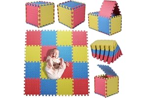 Coolcandy Foam Play Mat(16 Pcs/Set), Multi-Colored Play Mat for Baby, EVA Non-Toxic Interlocking Foam Puzzle Floor Mats, 0.4" Thick Square Kids Playmat for 47 * 47" Playpen(Red/Yellow/Blue)