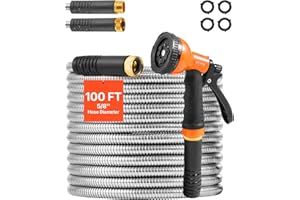 VEVOR Metal Garden Hose 100 ft, Rust Proof Stainless Steel Water Hose, Heavy Duty Backyard Hose with 10 Function Nozzle, No-K