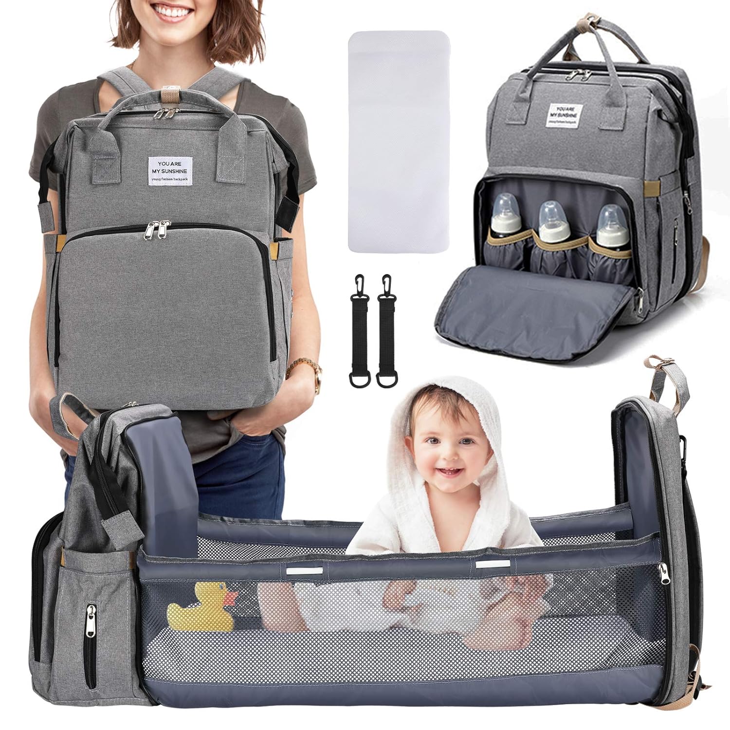 TOMENGBEI Diaper Bag Backpack with Changing Station, 3-in-1 Nappy Bag with Crib Travel Foldable Baby Bed Bag Include Insulated Pocket, Large Capacity Diaper Bag Bassinet for Boy, Girl(Gray)