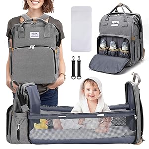 TOMENGBEI Diaper Bag Backpack with Changing Station, 3-in-1 Nappy Bag with Crib Travel Foldable Baby Bed Bag Include Insulated Pocket, Large Capacity Diaper Bag Bassinet for Boy, Girl(Gray)