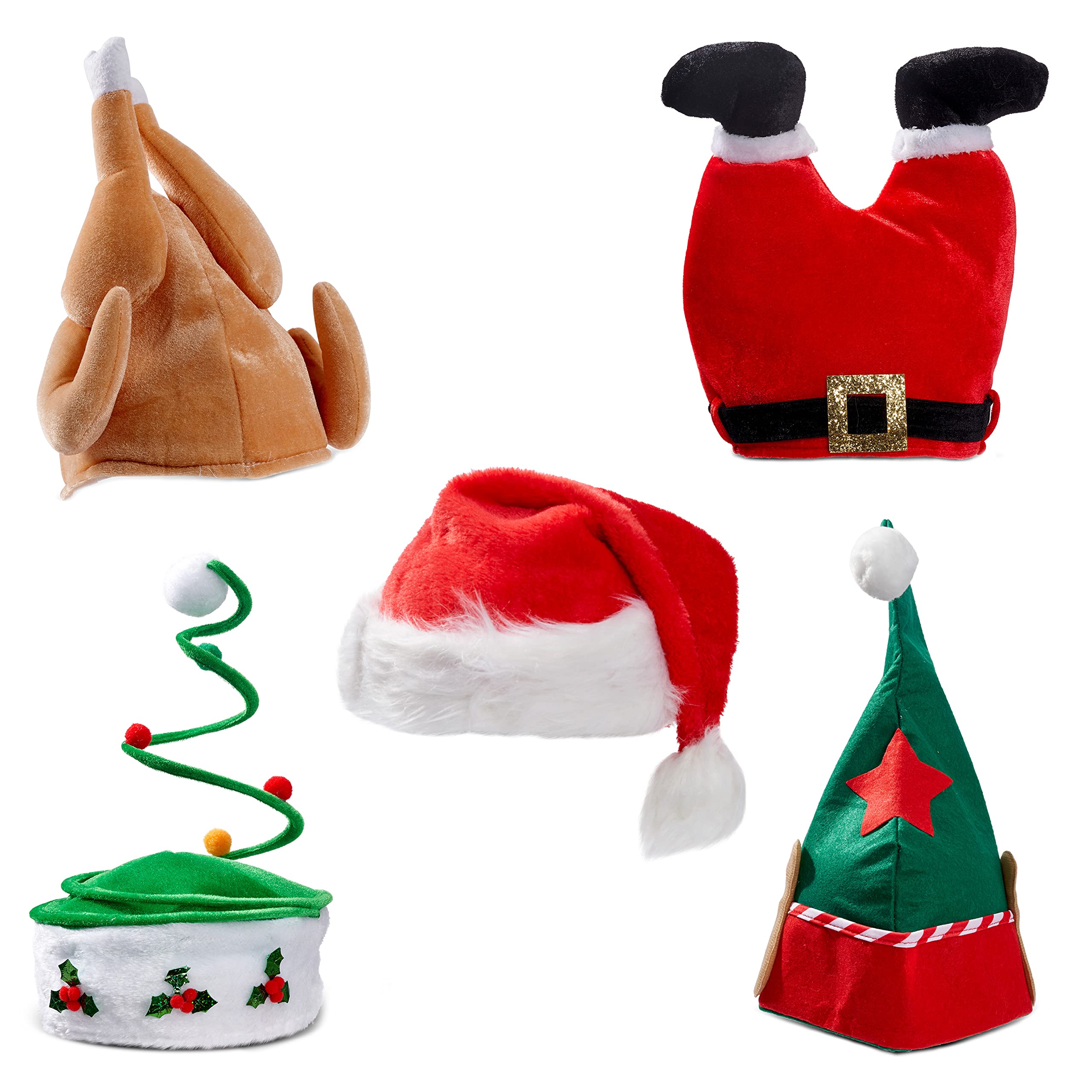 THE TWIDDLERS 5 Pack Funny Christmas Hats for Adults and Kids, Soft Novelty Party Accessories - Turkey, Elf, Tree, and Santa Designs, Reusable Festive Fancy Dress for Office Parties Photo Booths