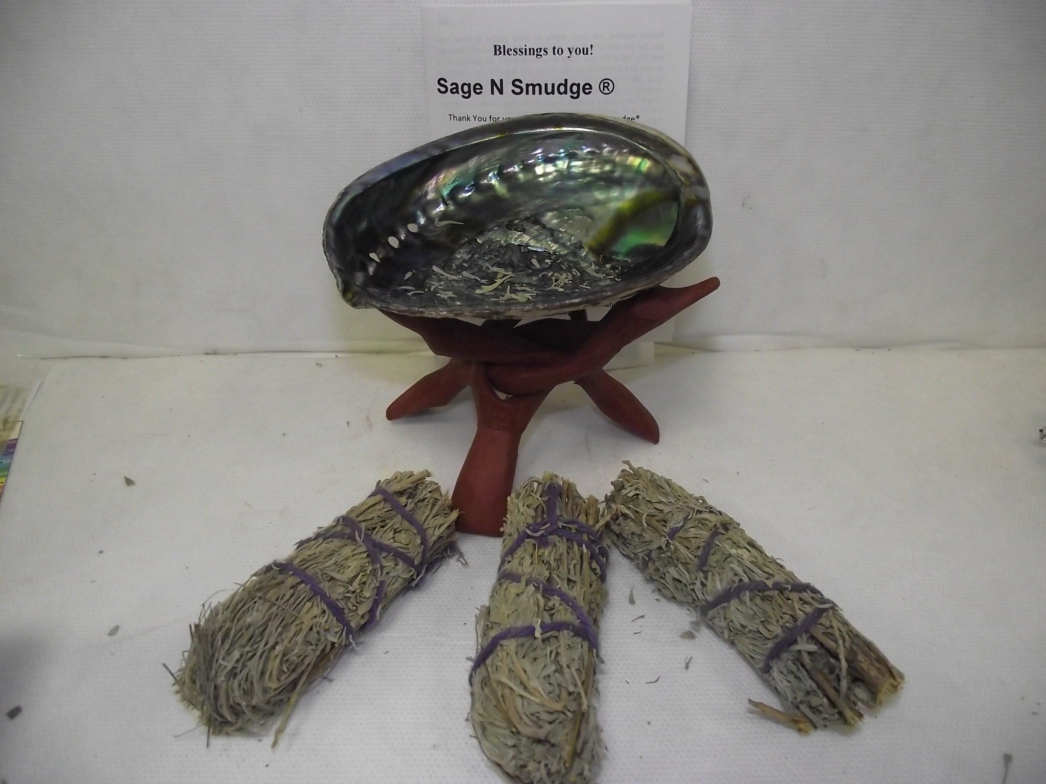 Sage Smudge Kit with Large Abalone 6 Inch Stand 3 Pack Sage and Directions