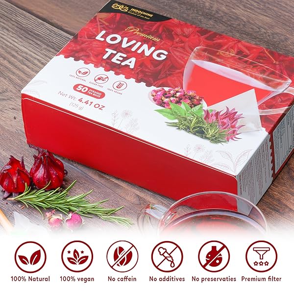 INDOCHINE BLENDS LOVING TEA | HIBISCUS FLOWER, ROSE TEA, ROSEMARY TEA, AND BLACK TEA | 2G X 50 TEA BAGS| SUGAR-FREE, CAFFEINE-FREE HERBAL TEA | PYRAMID CHAMBER TEA BAGS | RICH IN NATURAL GOODNESS AND FLAVOR