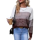 QIANSIQIANBO Women's Striped Color Block Sweater Long Sleeve Crewneck Casual Loose Fit Soft Knit Sweater Pullover Tops