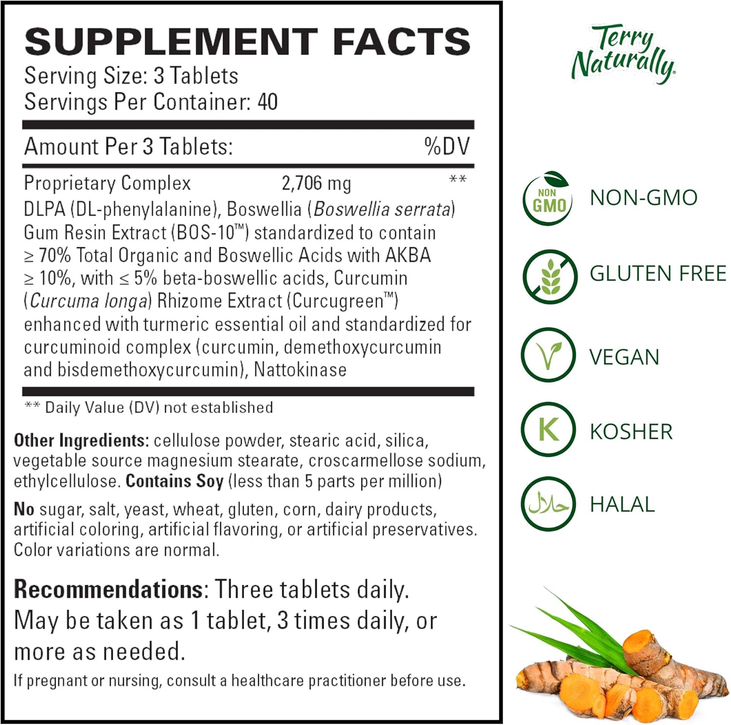 Terry Naturally Curamin Extra Strength - 120 Vegan Tablets - Non-Addictive Pain Relief Supplement with Curcumin from Turmeric, Boswellia & DLPA - Non-GMO, Gluten-Free - 40 Servings: Health & Personal Care
