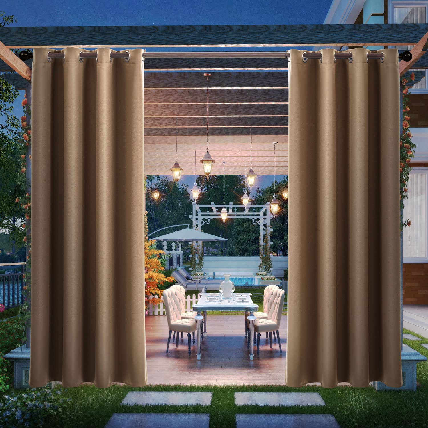 Gazebo Patio Outdoor Curtains Waterproof - Garden Blackout Thermal Insulated Sun Shades Eyelet Privacy Curtain for Outside Pergola Porch Pool, Indoor Window Blinds for Living Room Bedroom Balcony