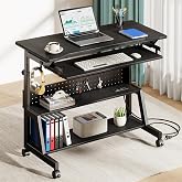 Rolling Computer Desk for Small Spaces,Portable Desk with Keyboard Tray | Adjustable Height Standing Desk with Power Outlet and Storage Shelves Pegboard, Mobile Laptop Workstation for Bedroom, Sofa