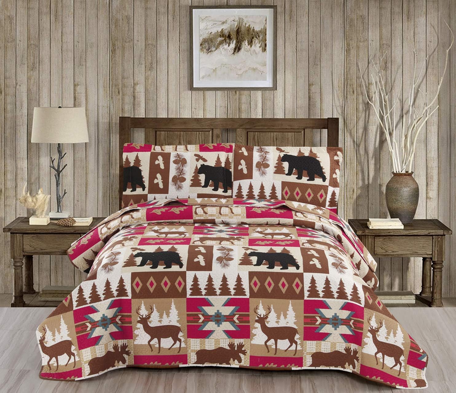 3Piece Elk Moose Quilt Set Reversible Rustic Lodge Coverlets Christmas