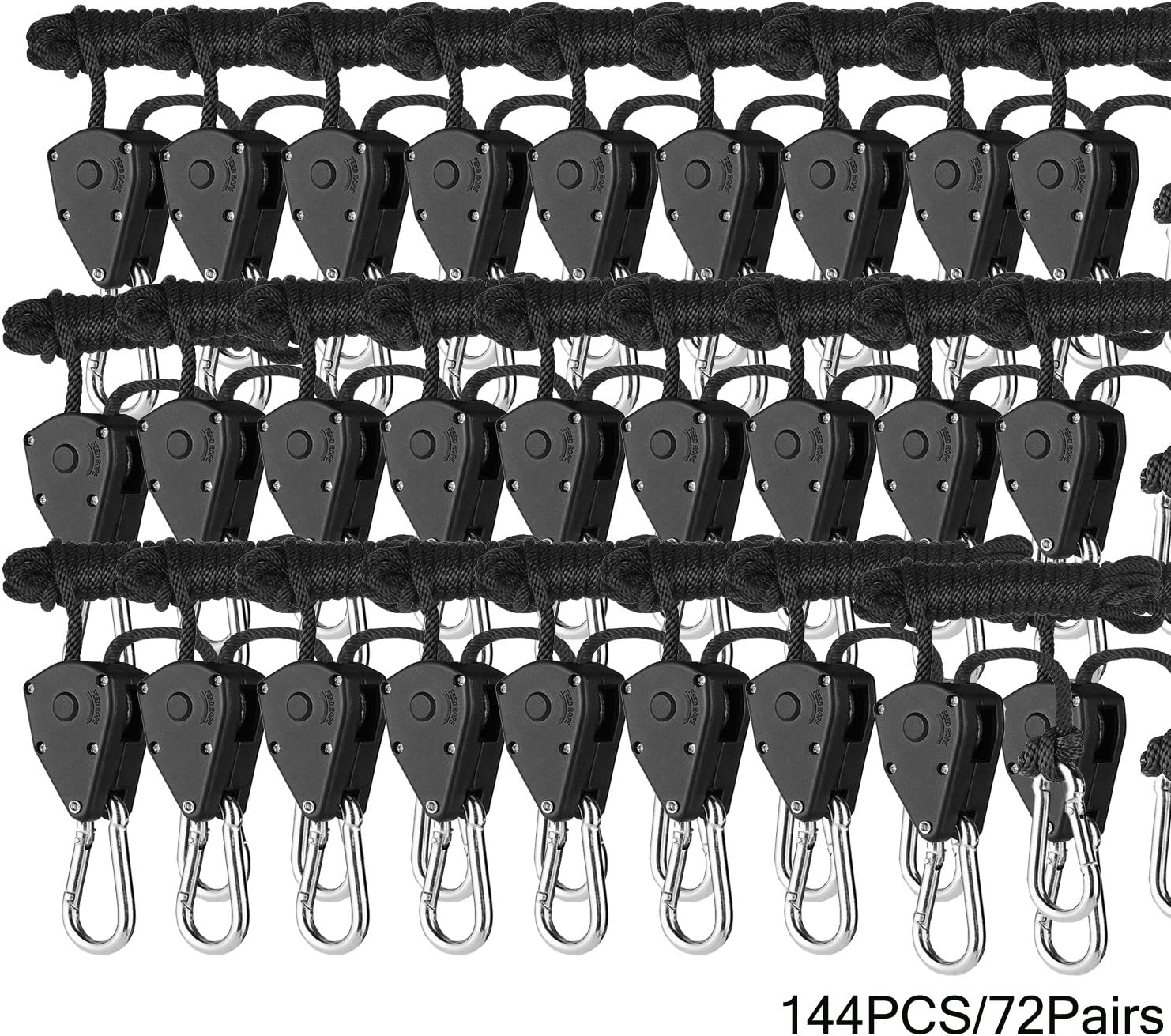 Oppolite 144PCS/72 Pairs1/8 150lb Grow Light Rope Hangers Ratchet  Heavy Duty Adjustable Clip Grow Light Reflectors Hangers, 150lb Capacity