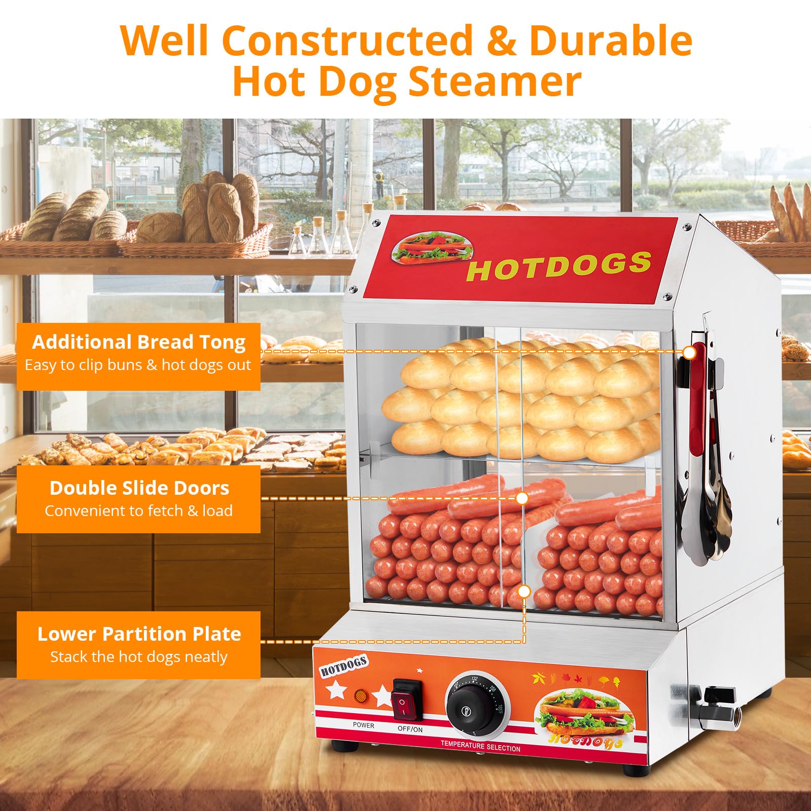ACONEE Hot Dog Steamer, 2-Tier Hot Dog Steamer with Bun Warmer Adjustable Temperature, 28.5 QT Electric Bun Warmer Cooker Glass Sliding Door Partition, Stainless Steel, Steaming 175 Hot Dogs & 40 Buns