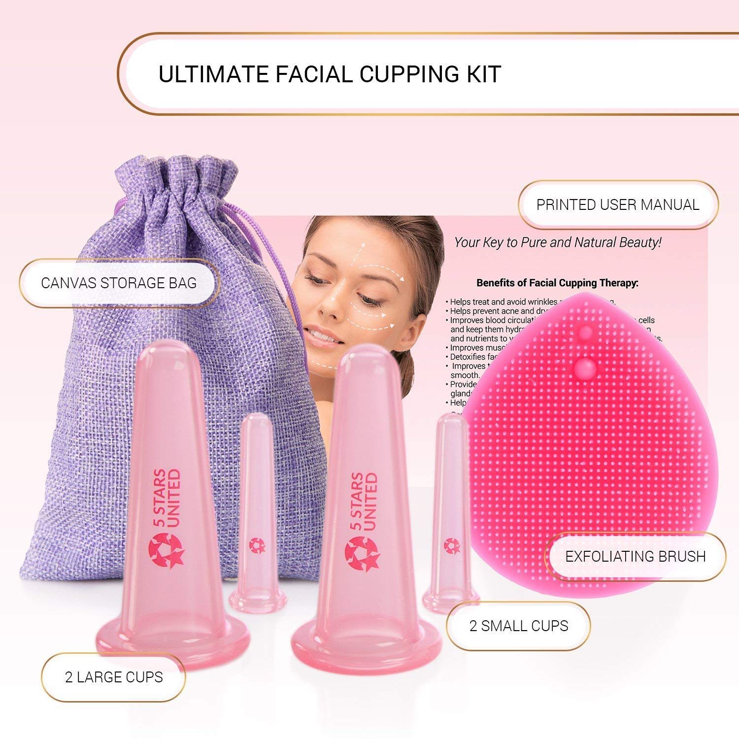 Silicone Facial Cupping Therapy Set - Eye and Face Vacuum Massage Cup Kit - 4 Cups + Free Exfoliating Brush - Anti-Wrinkle and Anti-Aging Effect - 100% Hygienic: Beauty