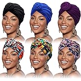 6 Pieces Women African Turban Flower Knot Pre-Tied Bonnet Beanie Headwrap (Simple Patterns) Multicoloured