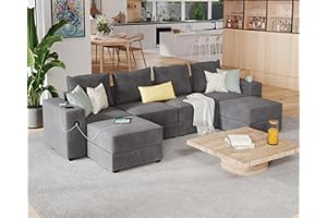 PaPaJet Sectional Sofa, 114 Inch Modular Sectional Sofa with 2 USB Ports & Cup Holders, 6 Seats U Shaped Couch with Storage, Ottomans, 6 Pieces Set Sectional Couch Gray Sofa Couch