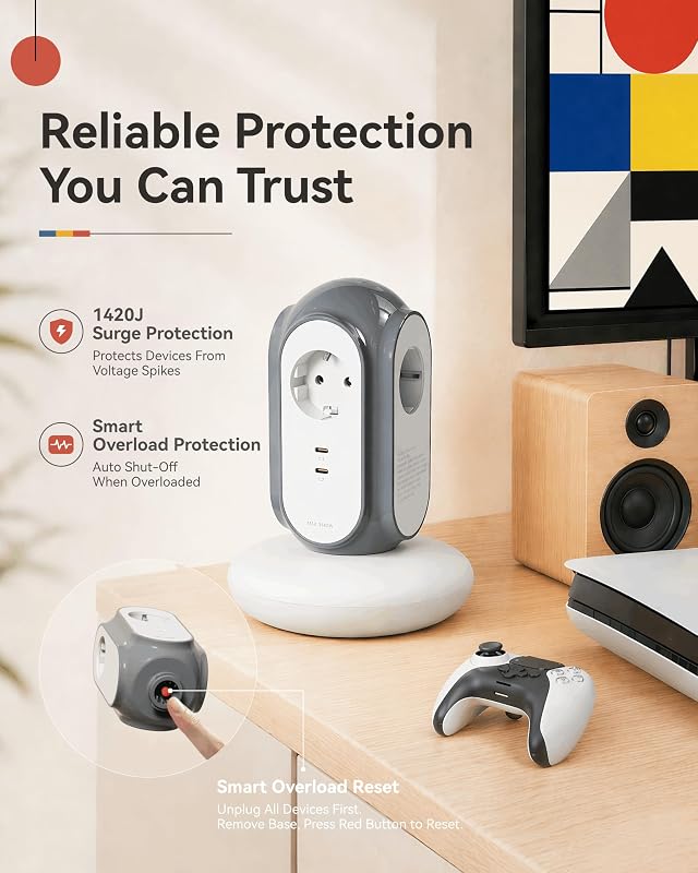 Steckdosenleiste mit 3 Steckdosen & 2 USB-C (30W Schnellladung), 3680W/16A, 1420J Überspannungsschutz, 479g Standfuß, 2 m Verlängerungskabel, Überlastschutz, kompatibel mit Typ C/E/F