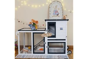 FunXplore Rabbit Hutch Indoor Bunny Cage Outdoor Chicken Coop with Wire Floor Slide Out Tray, Chew-Resistant Ramp & Entrance Openable Waterproof Roof & UV-Resistant Roof Handle Wheels