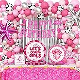 Hombae Disco Cowgirl Party Decorations, Western Rodeo Cowgirl Birthday Party Supplies, Hot Pink Let’s Go Girls Decor Tableware Set with Fringe Curtain Balloon Banner Plates Napkins Forks Serves 24