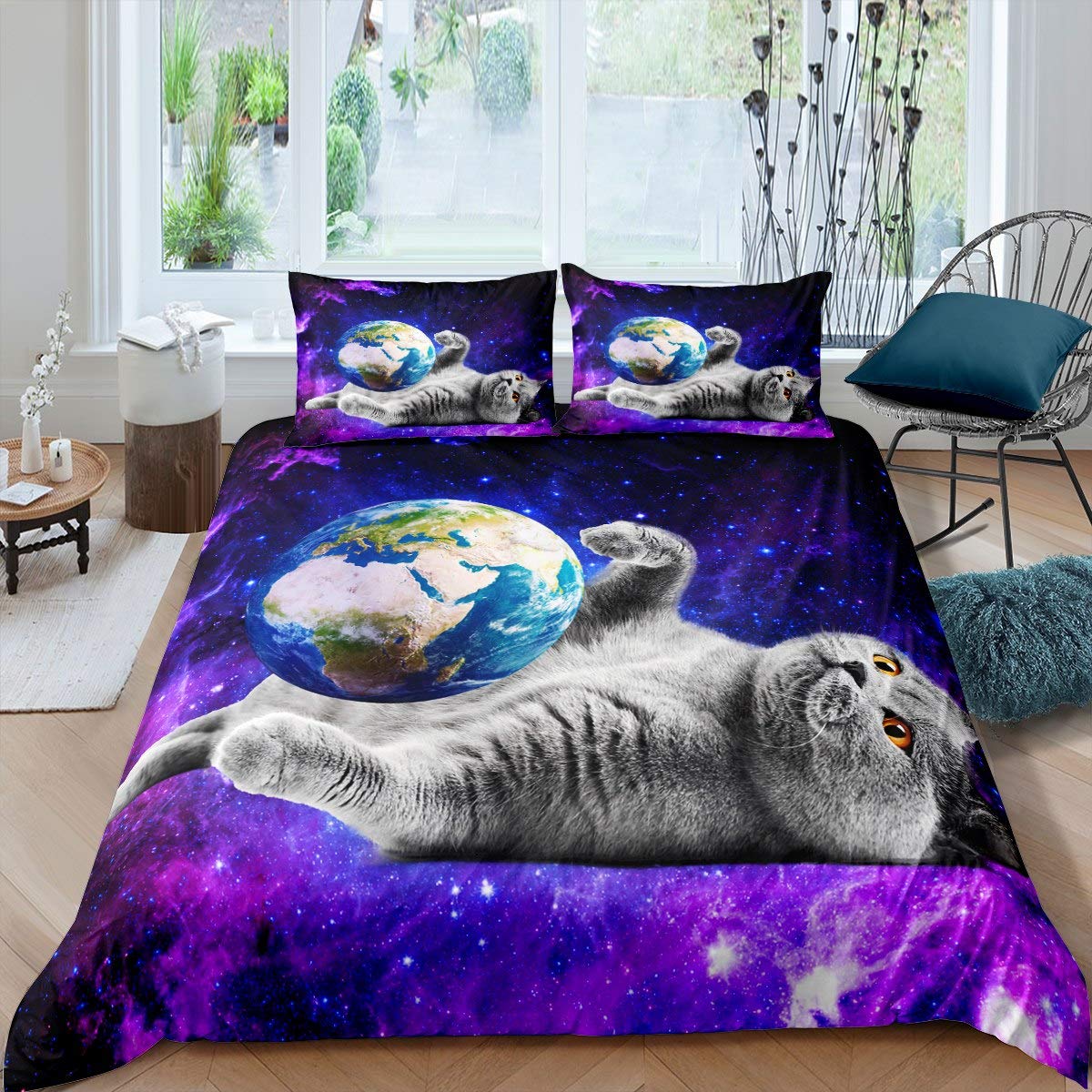 Homemissing Cat Bedding Set for Girls Boys Children Outer Space Comforter Cover Galaxy Pet Cat Duvet Cover Room Decor Purple Blue Starry Sky Bedding & Linen Single Size Bedding 2Pcs