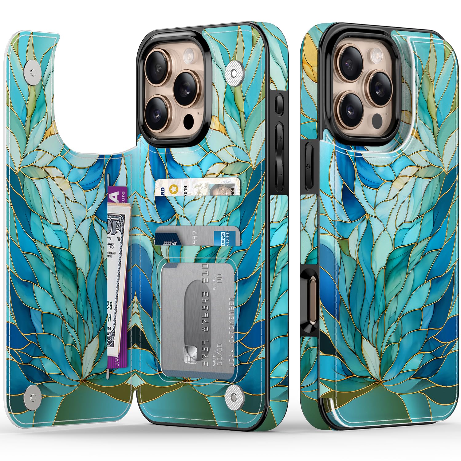 Photo 1 of FUNMIKO for iPhone 16 Pro Wallet Case with Card Holder, RFID-Blocking, Military-Grade Protection & UV-Printed Artwork, Magnetic Closure with Leather Kickstand - Sleek Cyan Leaf