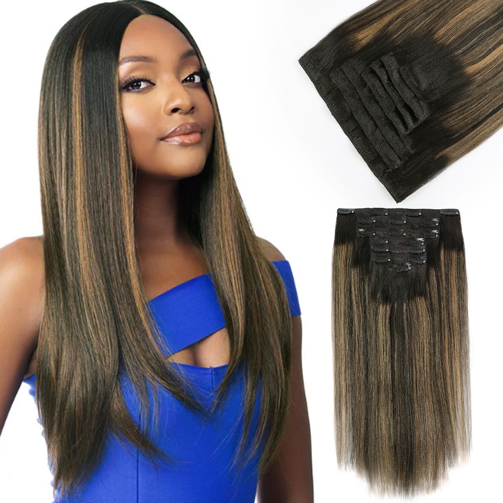Yuniffe Yaki Straight Clip in Hair Extensions for Black Women Two Tone Rooted Black to Piano Off Black #1B Mixed With Caramel Blonde #27 Double Weft Remy Yaki Hair Clip ins 14 Inch 7Pcs 120g — image 1