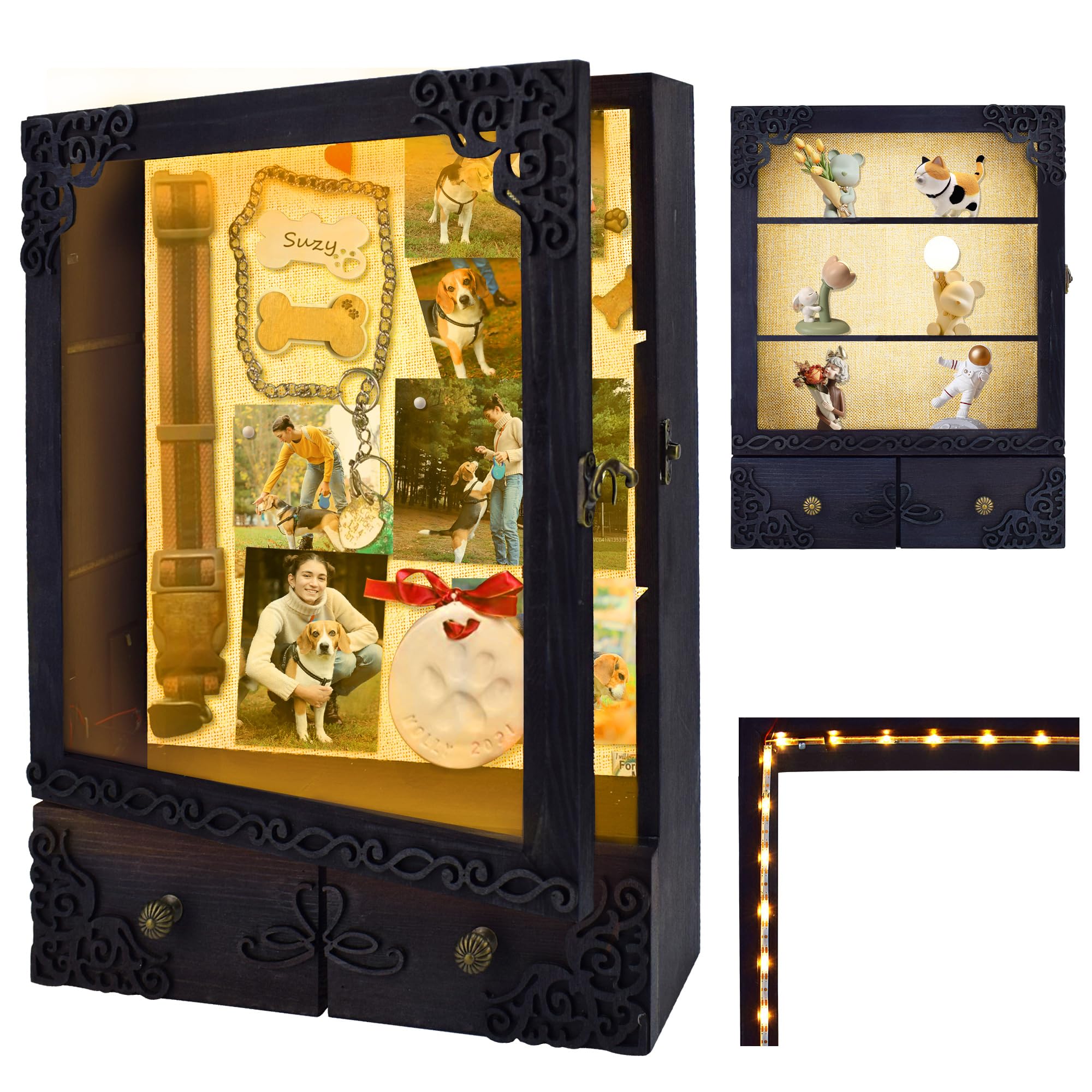 Photo 1 of KWYADLUO 11x16 Shadow Box Frame with Light, Memorial Display Case with Shelves, Drawer and Slot for Keepsakes, Large Deep Shadow Box for Flowers and Pet Memorial, Black