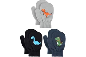 Geyoga 3 Pairs Kids Mittens Winter Stretchy Knit Gloves Winter Dinosaur Full Finger Toddler Mittens for Boys Girls
