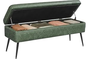 VASAGLE EKHO Collection - Storage Ottoman Bench, Entryway Bedroom Bench, 15 Gallons, Synthetic Leather with Stitching, Mid-Century Modern, Safety Hinges, Loads 660 lb, Forest Green ULOM074C01