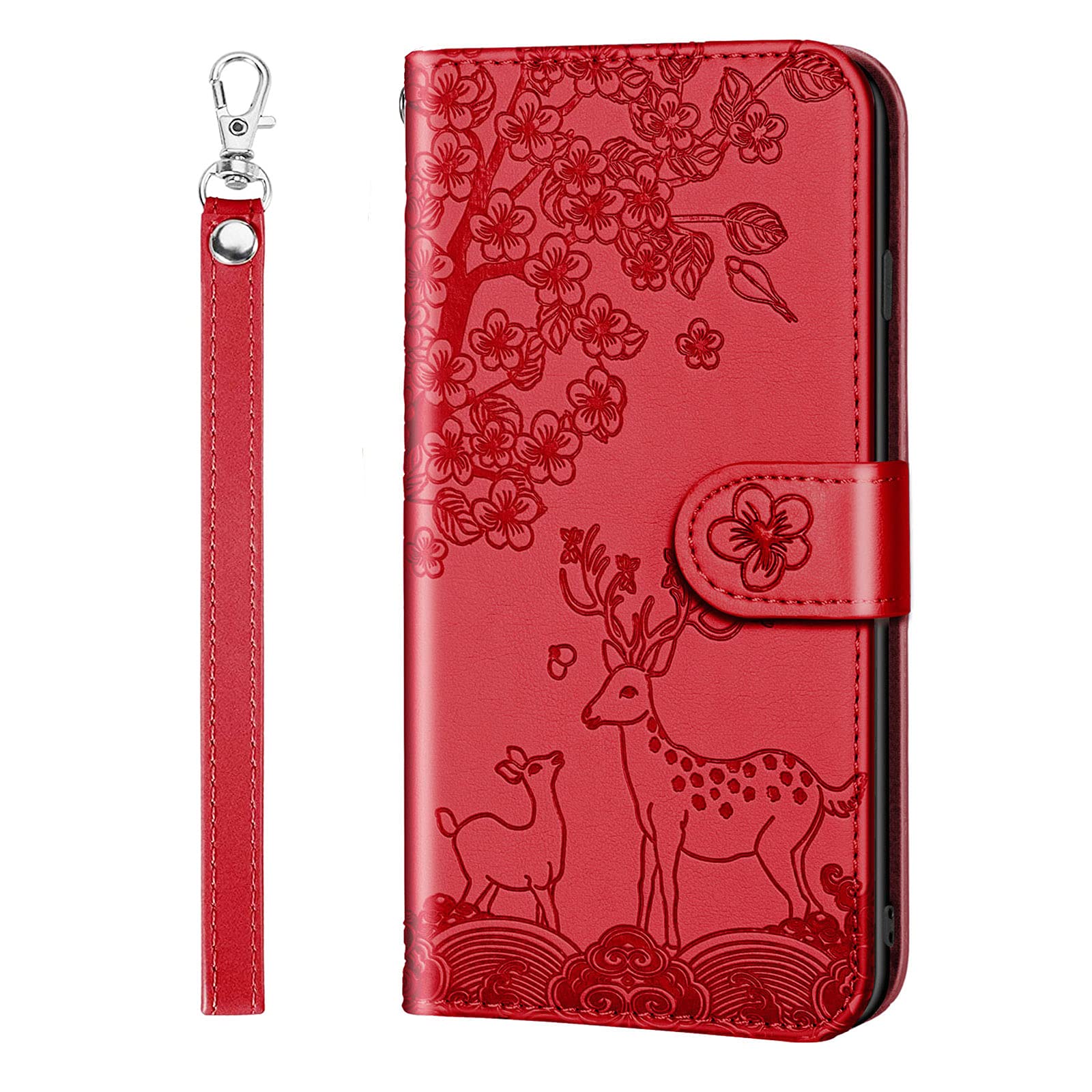 Aisenth Case for Redmi Note 9 (6.53 inch), Embossed Sika Deer Folded Phone Cover Floral Fawn Animal Design PU Leather Flip Wallet Case with Card Slots, Magnetic Buckle + 1 Wrist Strap (Red)