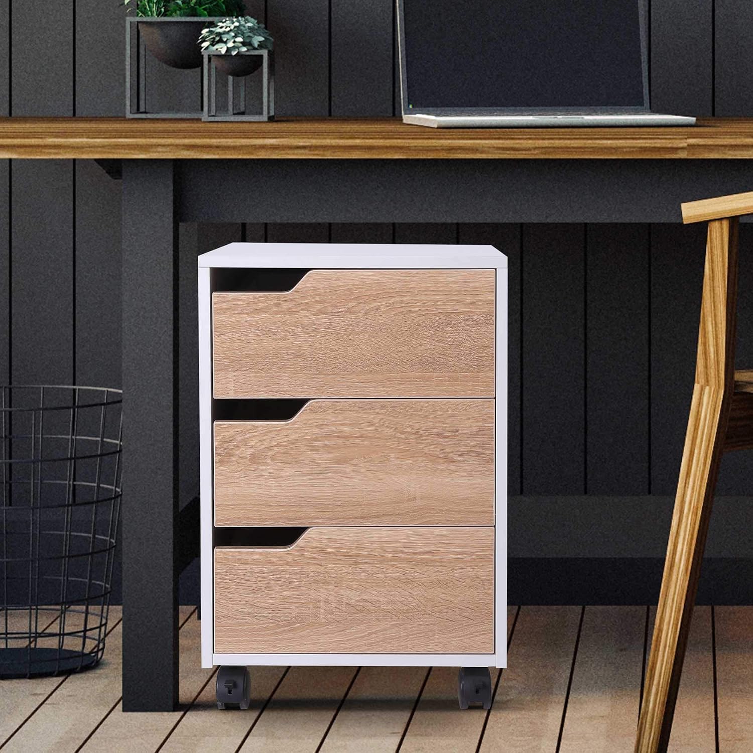 HOMCOM 3 Drawer Mobile File Cabinet, Vertical Filing Cabinet with Wheels for Home Office Oak, 40 x 50 cm - Image 4