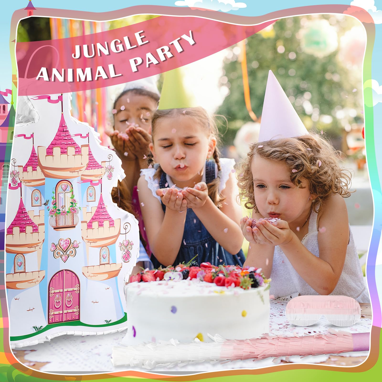 Syhood 70 Pcs Castle Princess Party Decorations Set Princess Castle Piñata Tiaras Crown Blindfold Mask Gem Stickers Gem Rings and Straws for Theme Birthday Party Supplies Decor