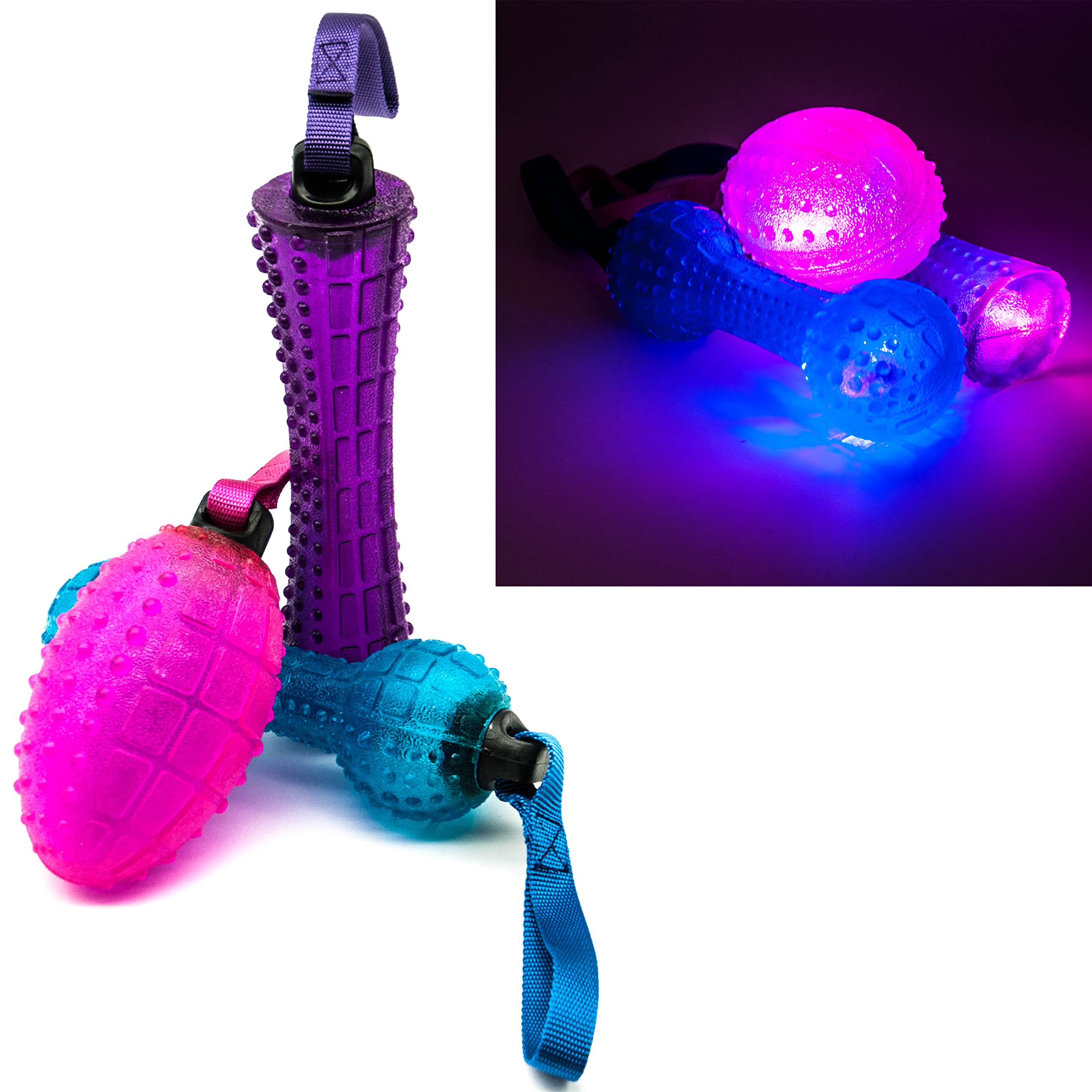2 X SQUEAKY LIGHT UP Balls for Dog Balls with STRAPS | Chew Toys for Dog Squeaky Toy | Rugby Bone Flashing Balls for Dog Teething Toys | Interactive Dog Toys for Boredom (Assorted (Pack of 2))