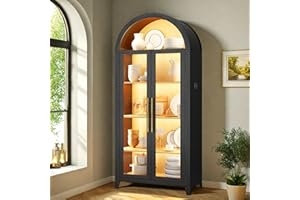 Topcomfy 71”H Arched Storage Cabinet with Glass Doors, Modern Display Cabinet with 3 Color Light, Glass Display Case with Human Body Sensor, 5 Tier Kitchen Pantry Cupboard for Living Room, Black&Oak