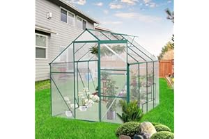 LUSPAZ 6x8 FT Outdoor Patio Greenhouse, Adjustable Roof Vent abd Rain Gutter for Plants, Clear Polycarbonate Panels Greenhouse, Garden Greenhouse for Winter Garden Backyard