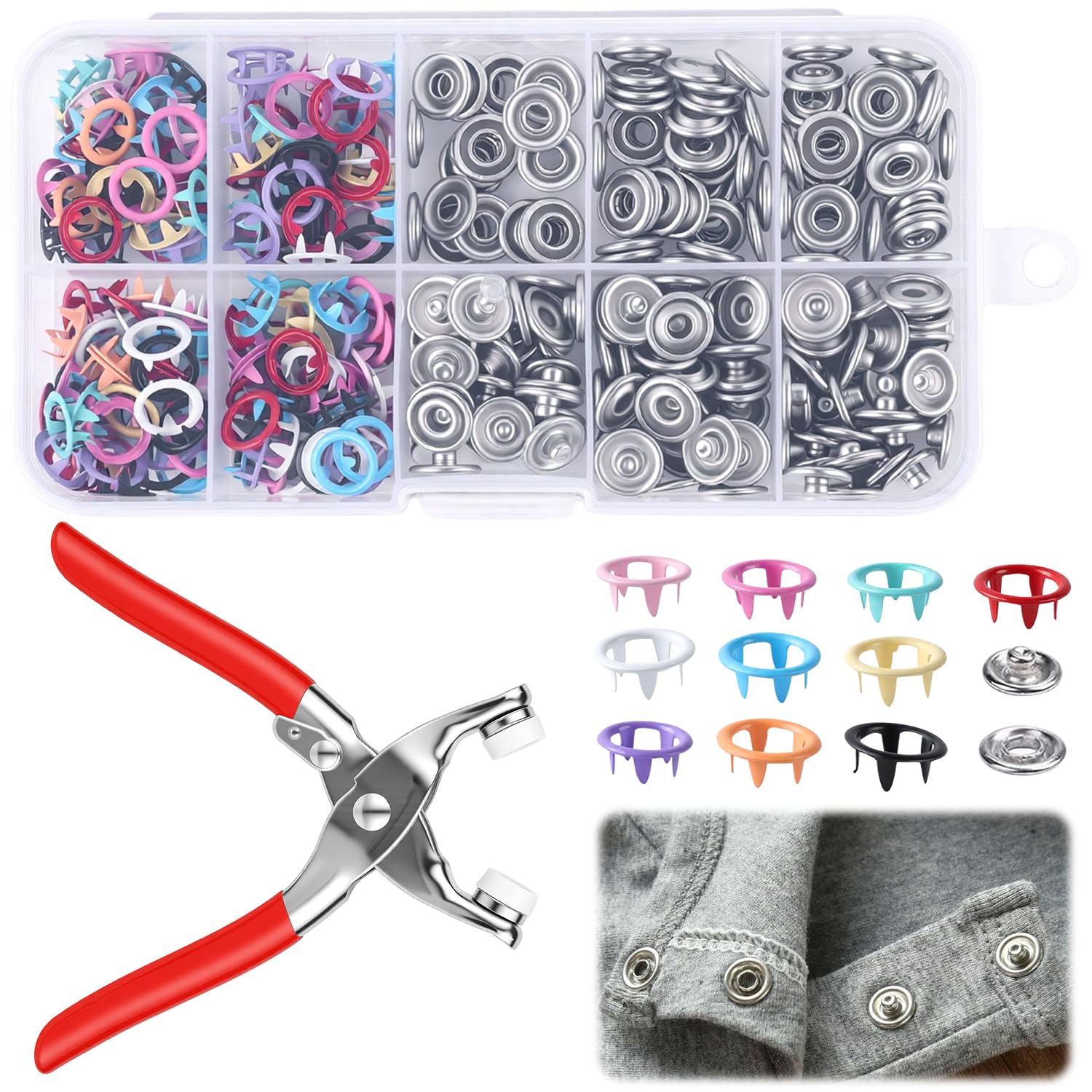 Photo 1 of 100 Sets Metal Snap Buttons Kit with Fastener Pliers Press Tool, 9.5mm Snap Fasteners for DIY Crafts, Clothing, Hats, Sewing, and Fabric Projects (Multicolor)