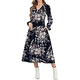 CYiNu Womens Floral Long Sleeve Midi Dress Deep V Neck Elastic Waist Boho Floral Dress for Women