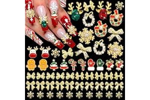 BELICEY 52Pcs Christmas Nail Charms - Gold 3D Bow Snowflake Elk Charms with Gems Rhinestones Accessories Metal Nail Art Supplies Winter Holiday Decorations