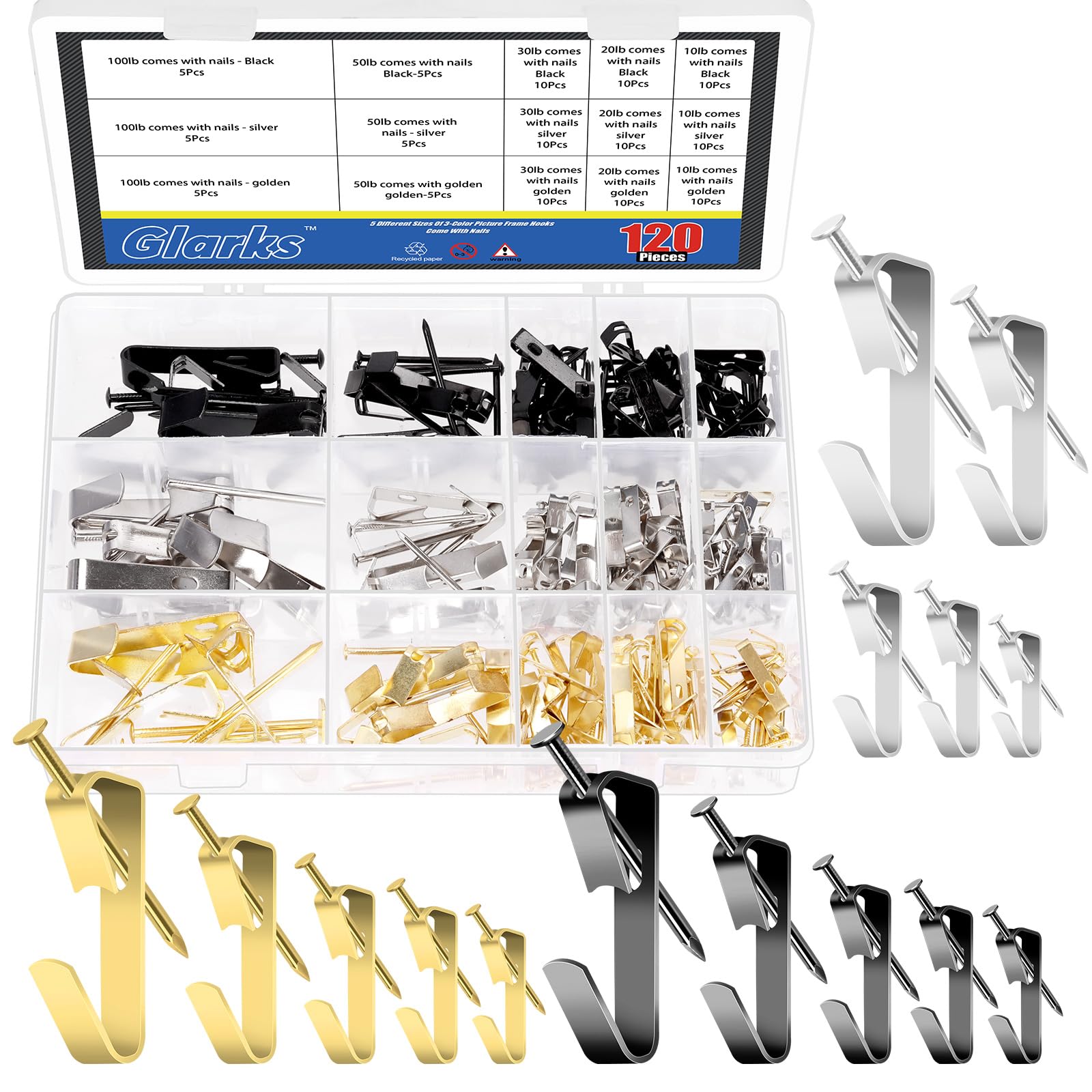 Glarks 120pcs 10lb/20lb/30lb/50lb/100lb Picture Hangers Hooks with Nails Kit, Gold Black Silver Picture Photo Hanging Hooks with Nails, Picture Hanging Kit for Frame, Painting, Art, Photo