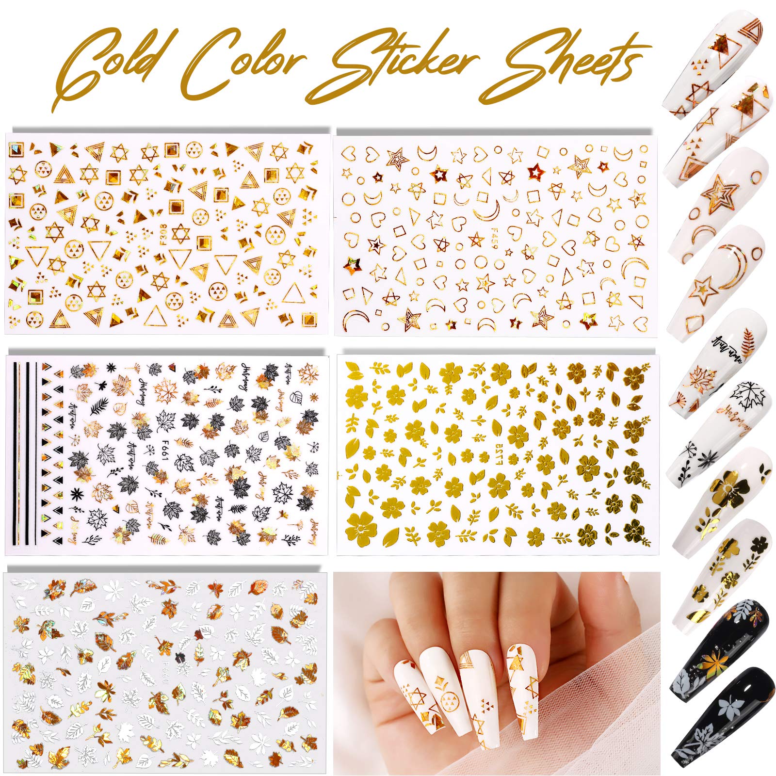 Teenitor 12 Sheets Nail Art Sticker 3D Self-Adhesive, Nail Art Decoration with 5 Boxes Holographic Nail Art Glitter Flakes Butterfly Heart Star Maple Leaf Nail Sequins and Nail Art Flower Slices - Image 3
