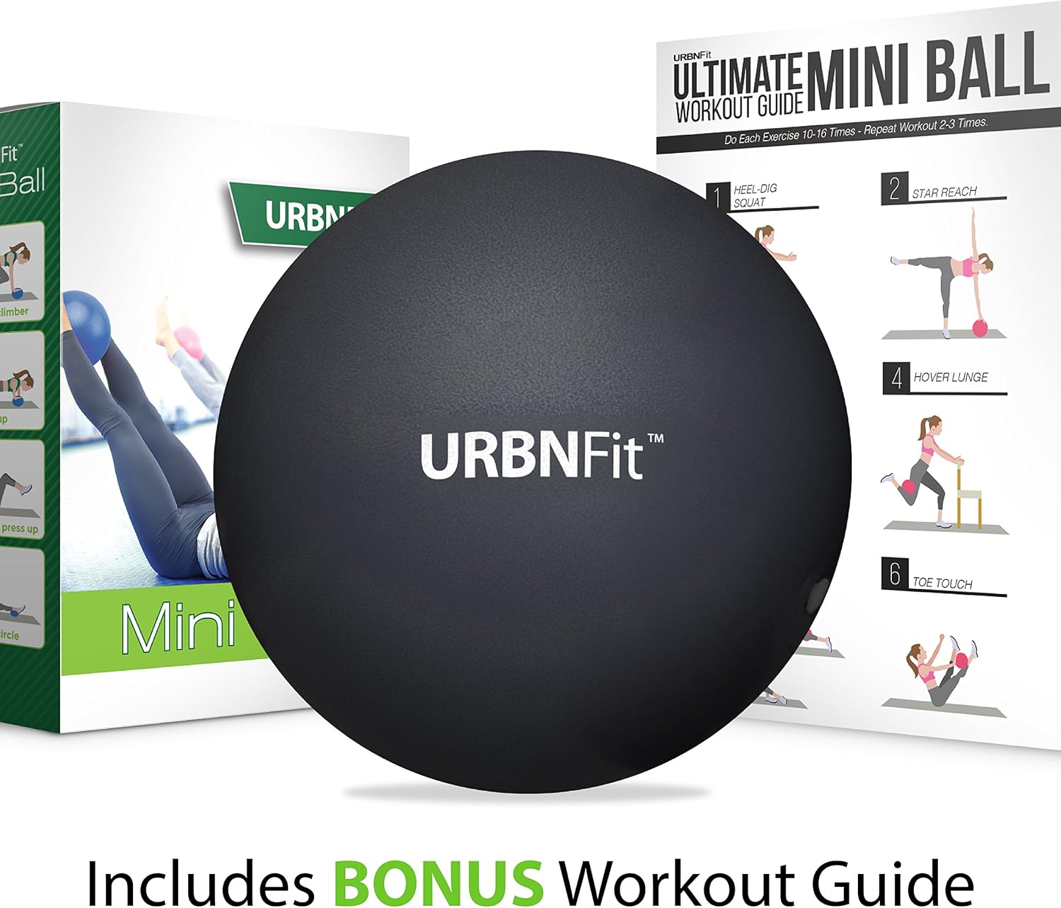 URBNFit Mini Pilates Ball - Small Exercise Ball for Yoga, Pilates, Barre, Physical Therapy, Stretching and Core Fitness - Includes Mini Stability Ball Workout Guide (Black): Sports & Outdoors