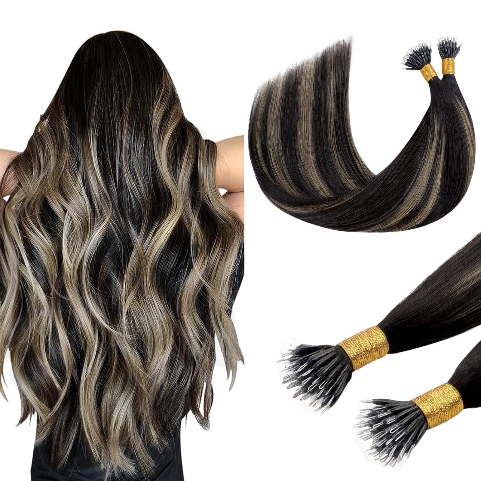 DOORES Nano Beads Hair Extensions, Balayage Natural Black to Light Blonde 16 Inch 50g 100s, Remy Full Head Nano Hair Extensions Real Human Hair