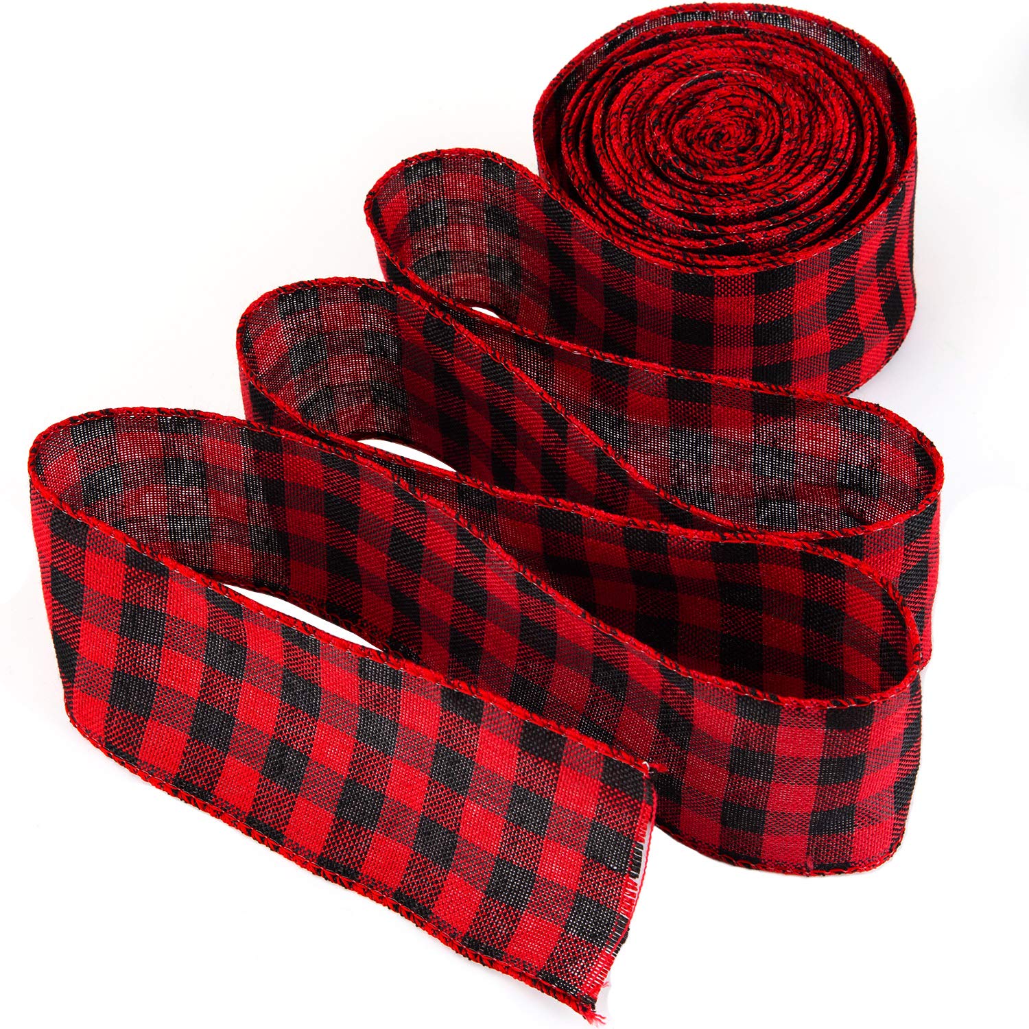LUTER 2.36 Inch Red and Black Plaid Burlap Wired Ribbon - Buffalo Plaid Wrapping Ribbon for Christmas Ornaments, Wedding, Festive Home Decorations