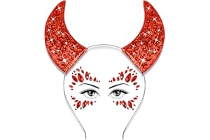 U-Zomir Devil Horns Headband with Face Jewels Set, Glitter Red Devil Horns and Face Gems Stickers Devil Costume for Women Men Girls, Devil Costume Accessories Halloween Headbands for Women Girls