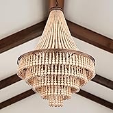 Wellmet Farmhouse Chandelier Light 28”, Boho Wood Beaded Chandeliers Hanging Ceiling Lights for Dining Room, Large Bronze Fre
