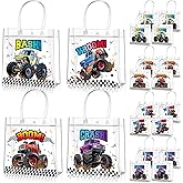 Aliceset 20 Pcs Truck Party Clear Favor Bags with Handles Monster Racing Car Party Treat Bags Truck Race Themed Decorations for Birthday Baby Shower Goodie Supplies, 8x8x3.15 inch
