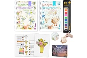 APOLYONE Watercolor Workbooks with Step by Step for Adults Teens - 2 Pack Beginner workbooks with 24 Coloring Book Pages - 24 color blocks and a Brush - Watercolor Paper 300gsm/140lb (bouquet & seaside)