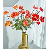 QenyiHPD Artificial Flowers of Poppies and Eucalyptus Stems, Red and Orange Flowers Artificial for Vase, Silk Flowers Arrangement for Wedding Party Farmhouse Home Office Table Centerpieces Decoration