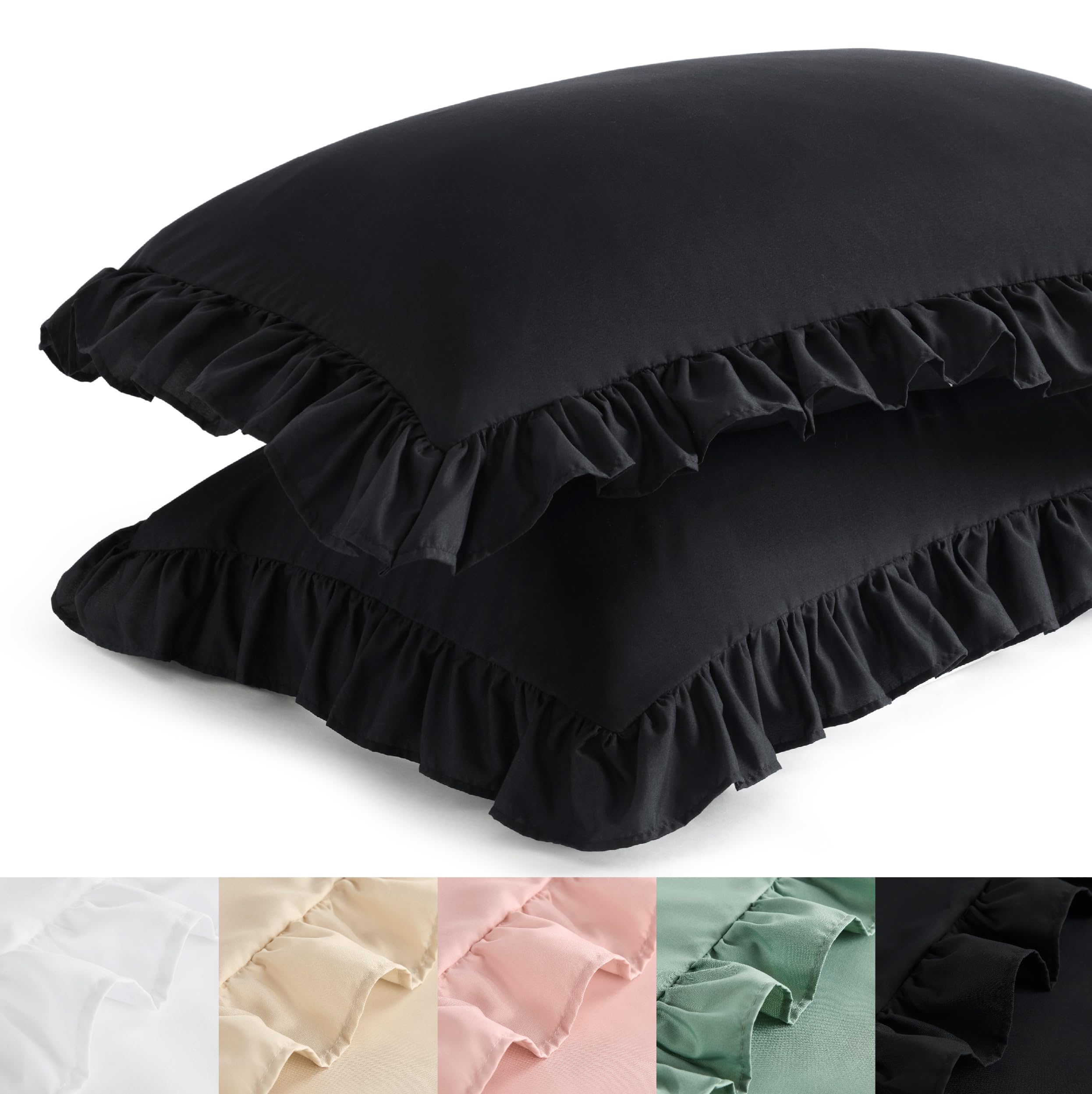 Bedsure Ruffle Pillow Cases Set of 2, Black Ruffled Pillow Shams King Size, Double Brushed Microfiber Ruffled Pillow Covers with Envelope Closure, 20" x 36"