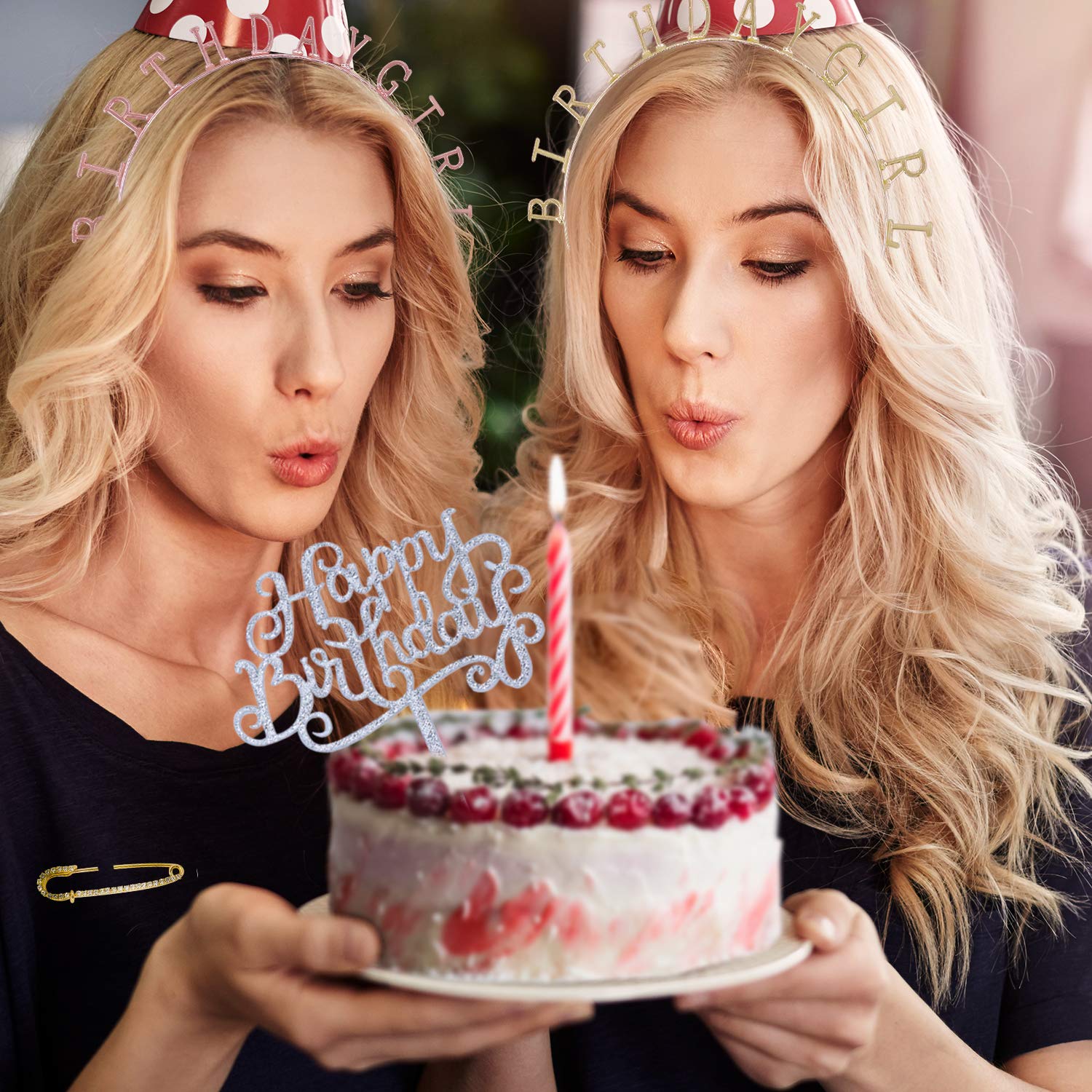 4PCS Birthday Girl Tiara Set Include Rose Gold Crown Pink Satin Sash Glitter Cake Topper Brooch Birthday Party Supplies Set Perfect Gift (Rose Gold)