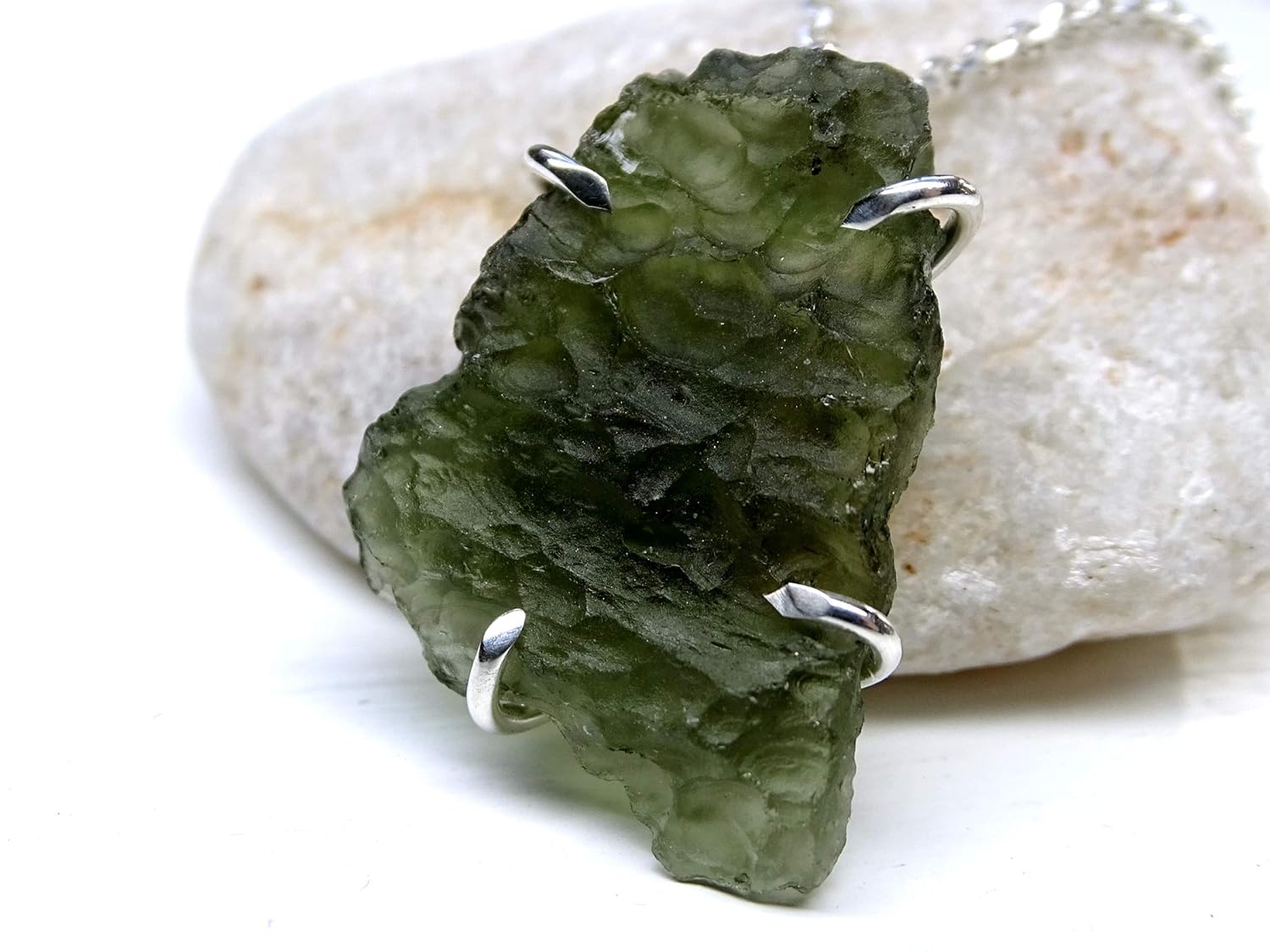 raw Moldavite necklace silver 
